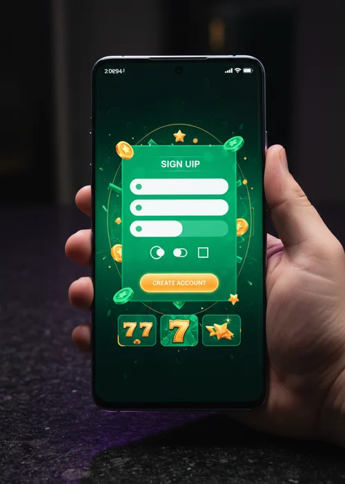 Illustration of a user quickly completing the online registration form at 7O Casino to access games and bonuses.